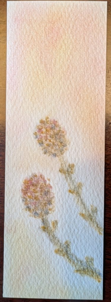 柔らかい色合いの背景に淡い花の水彩画が描かれた長方形のアート作品